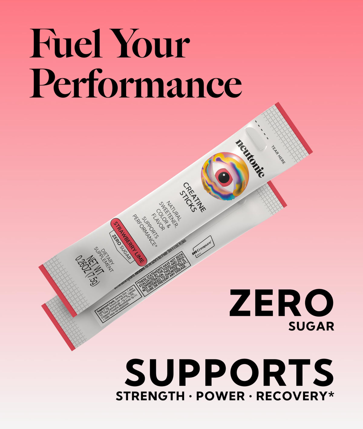 Neutonic créatine monohydrate sachets saveur fraise-lime sur une table