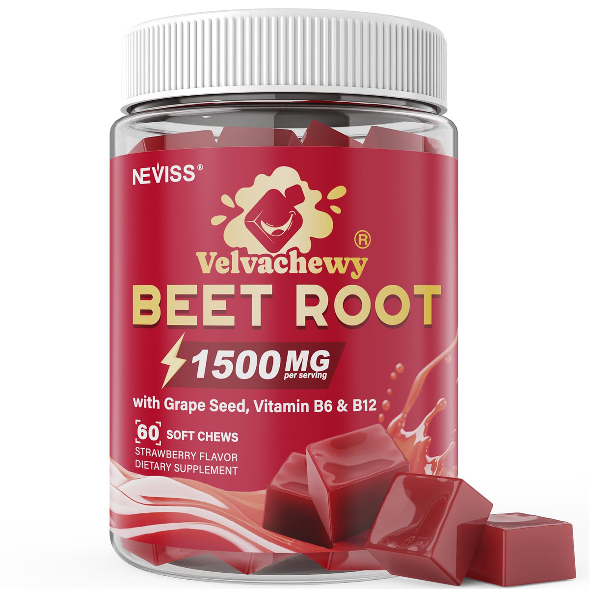 NEVISS Super Beet Chews 1500mg 60 gummies packaging front view