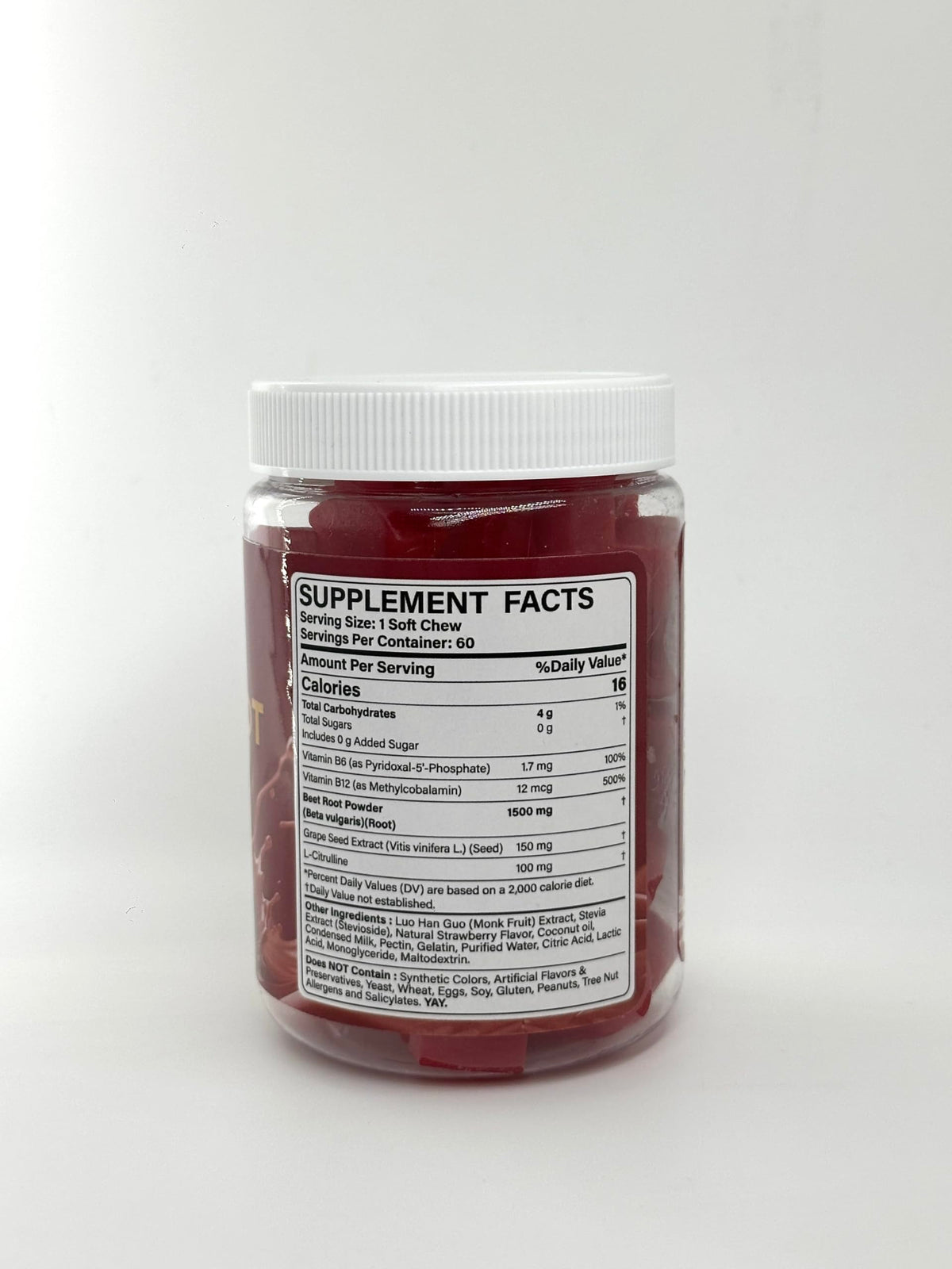 NEVISS Super Beet Chews 1500mg gummies displayed with fruits