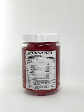 NEVISS Super Beet Chews 1500mg gummies displayed with fruits