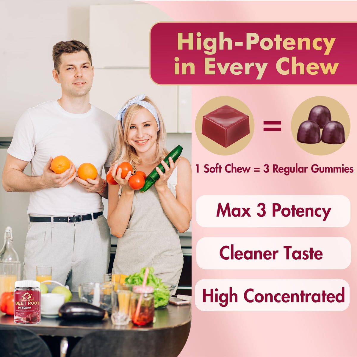 NEVISS Super Beet Chews 1500mg gummies side view