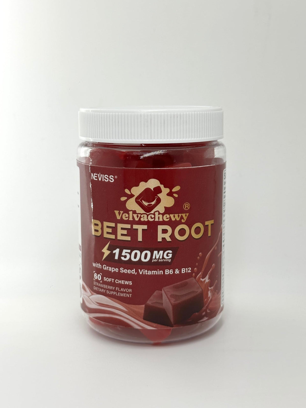 NEVISS Super Beet Chews 1500mg gummies with a measuring spoon