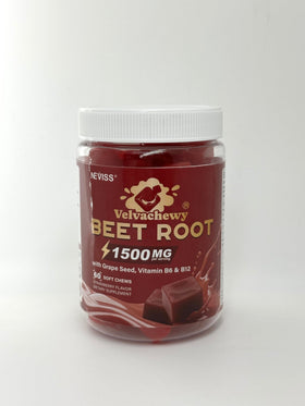 NEVISS Super Beet Chews 1500mg gummies with a measuring spoon