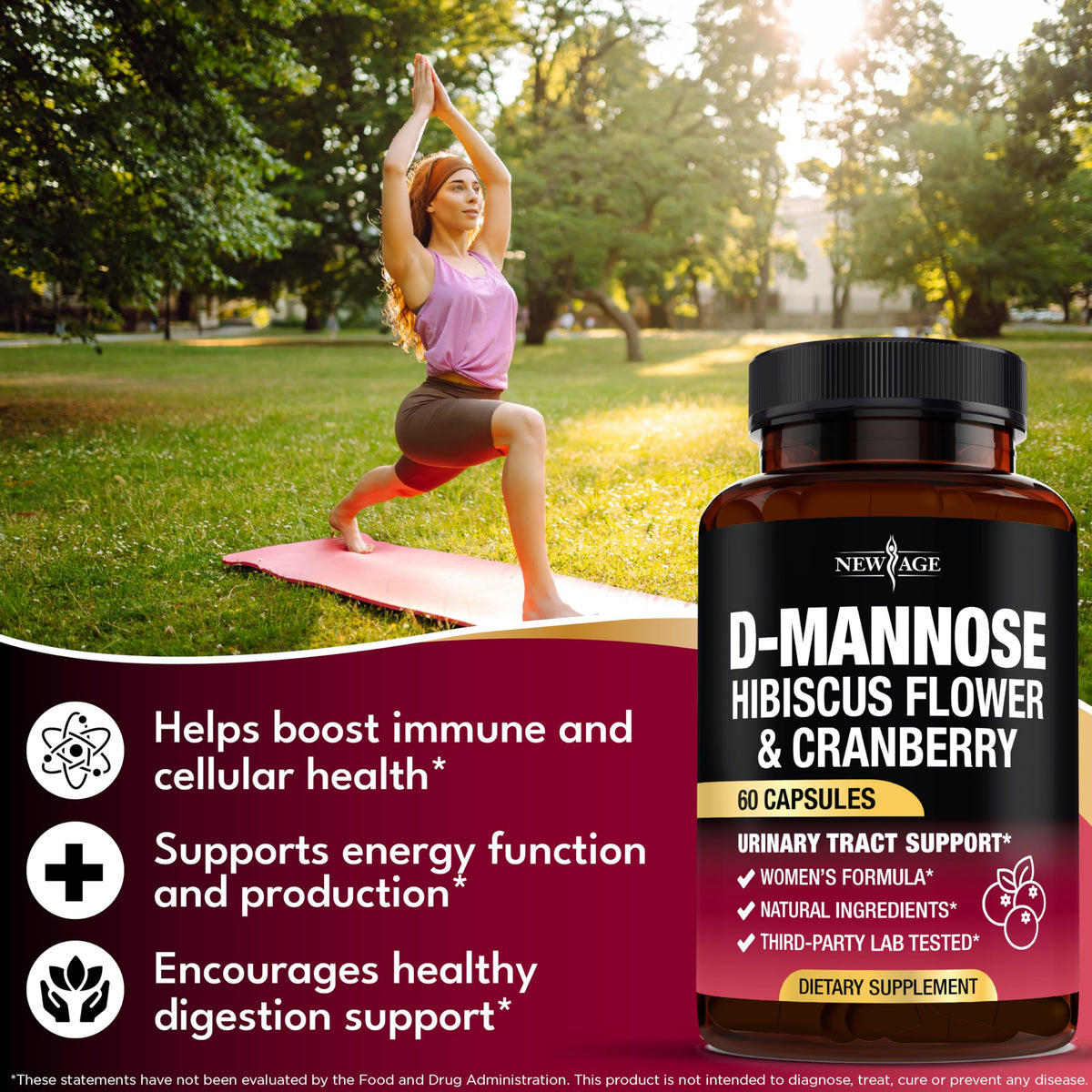 NEW AGE D-Mannose 1000mg, gélules ouvertes avec poudre sur une cuillère