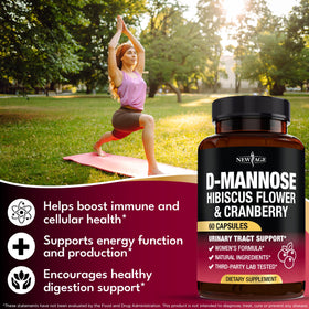 NEW AGE D-Mannose 1000mg, gélules ouvertes avec poudre sur une cuillère
