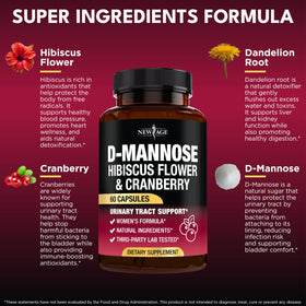 NEW AGE D-Mannose 1000mg gélules, vue arrière du packaging