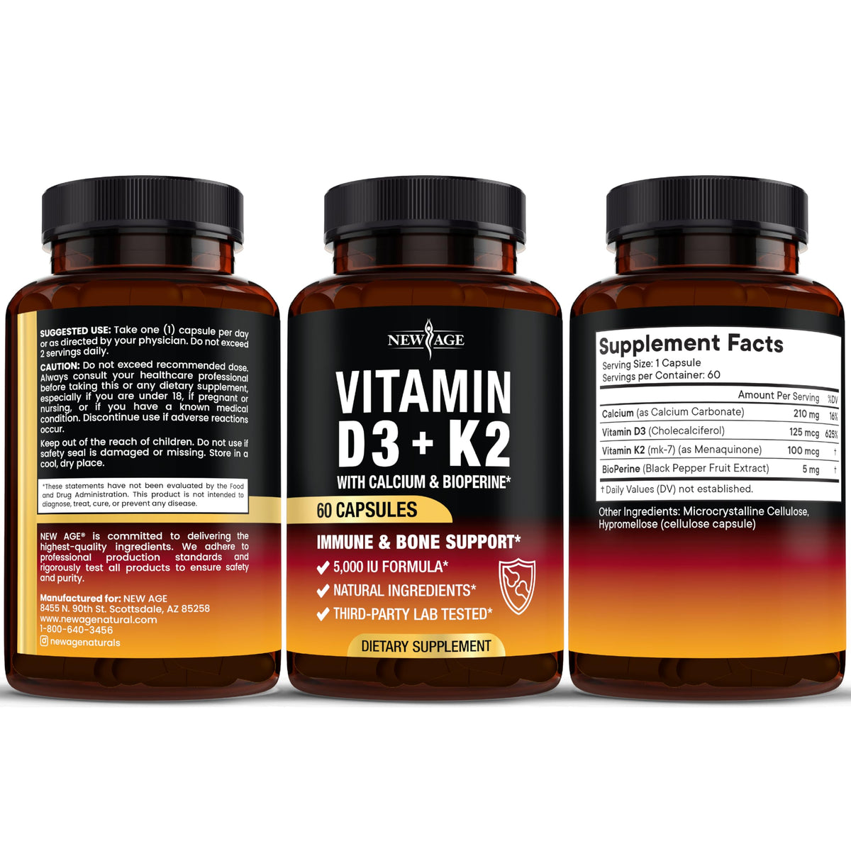 NEW AGE Vitamine D3 5 000 UI + K2 MK-7 avec une étiquette de certification vegan