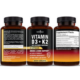 NEW AGE Vitamine D3 5 000 UI + K2 MK-7 avec une étiquette de certification vegan