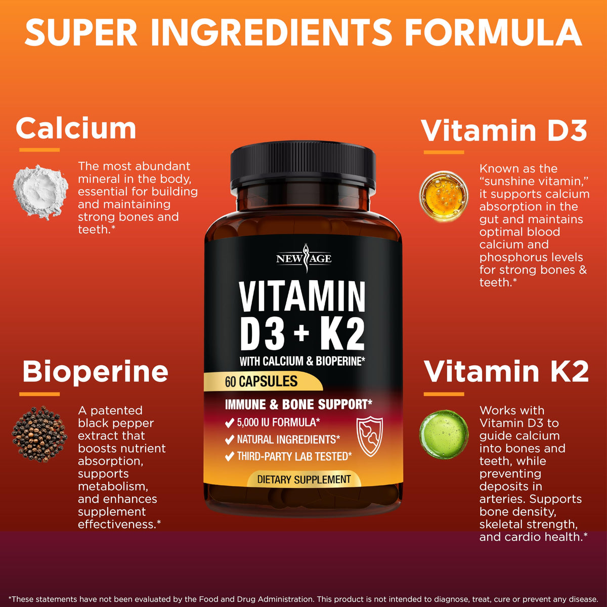 NEW AGE Vitamine D3 5 000 UI + K2 MK-7 capsules ouvertes montrant leur taille