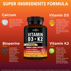 NEW AGE Vitamine D3 5 000 UI + K2 MK-7 capsules ouvertes montrant leur taille