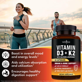 NEW AGE Vitamine D3 5 000 UI + K2 MK-7 sur une table avec d'autres compléments