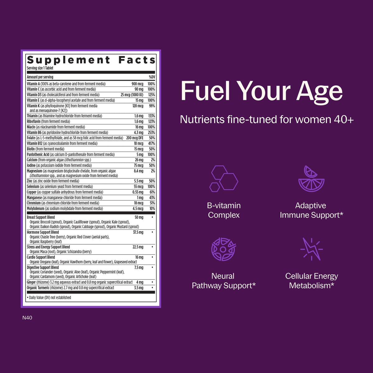 New Chapter Multivitamine Femme 40+ comprimés sur une table