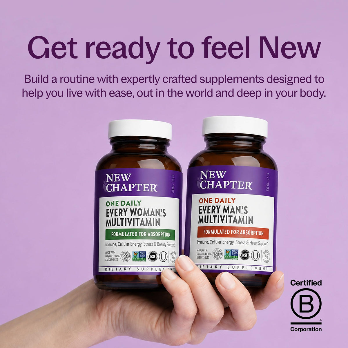 New Chapter Multivitamine Homme sur une table avec d'autres compléments alimentaires