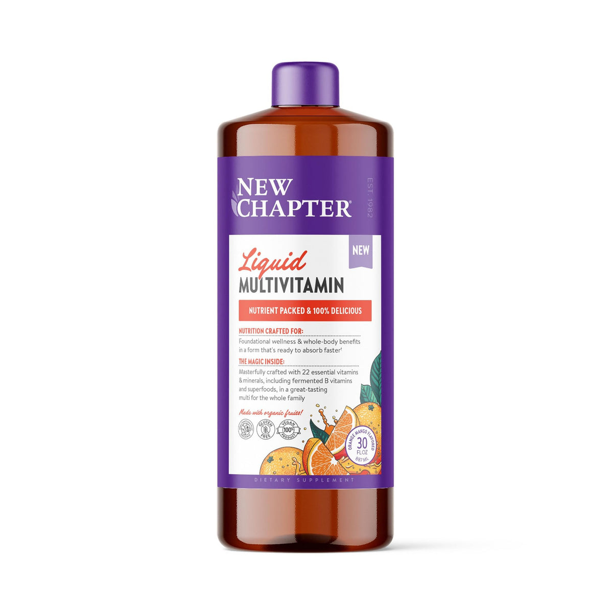 New Chapter Multivitamine Liquide 30 oz vue avant avec étiquette orange mangue
