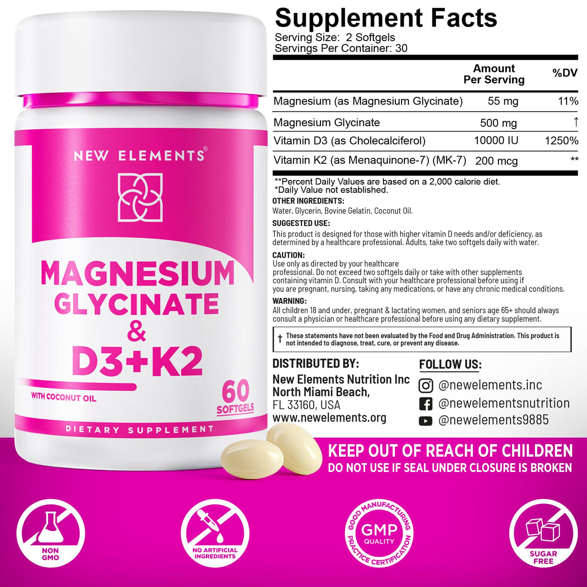 New Elements Magnésium Glycinate 500mg étiquette arrière