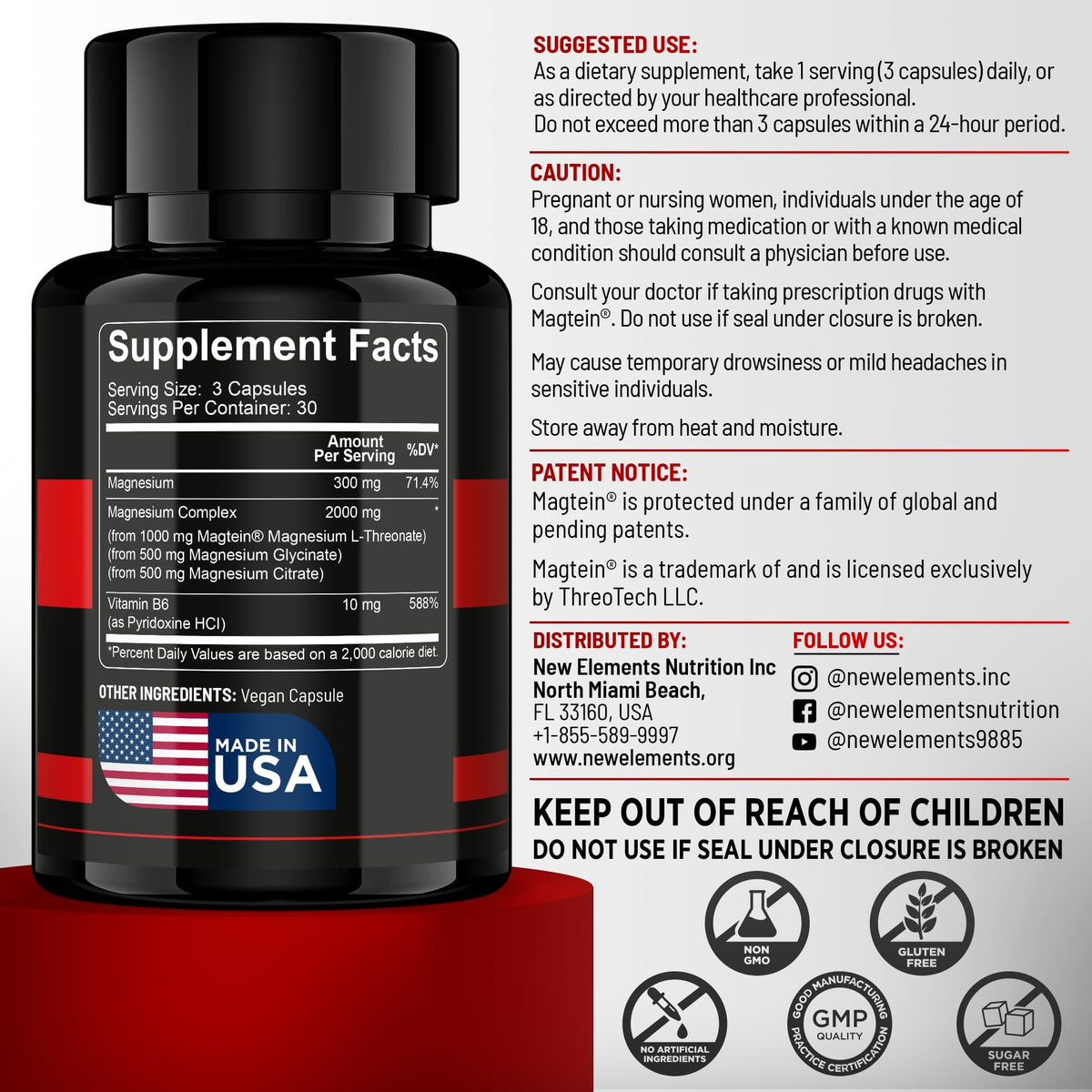 New Elements Magtein Magnésium L-Thréonate 2000mg étiquette du flacon