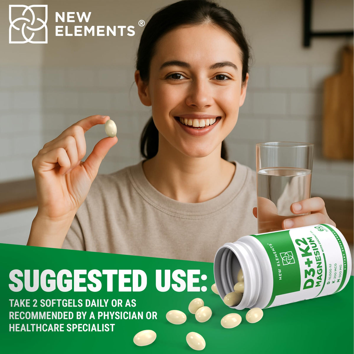 New Elements Vitamine D3 K2 10 000 UI avec informations nutritionnelles