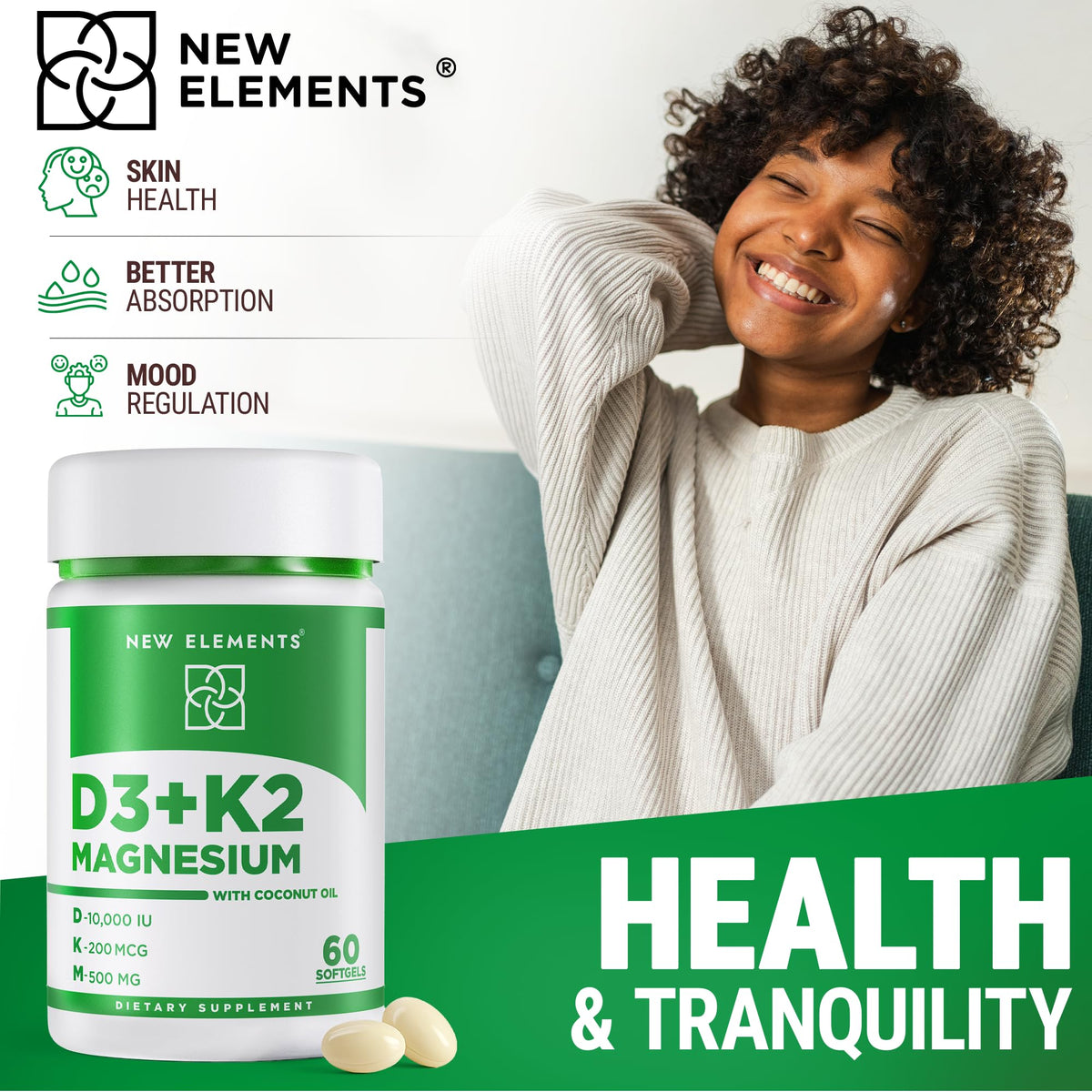 New Elements Vitamine D3 K2 avec des éléments naturels en arrière-plan