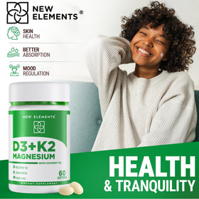 New Elements Vitamine D3 K2 avec des éléments naturels en arrière-plan