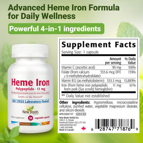 NEW ROOTS HERBAL Complément Alimentaire Fer Hémique 4-en-1 avec Vitamine C