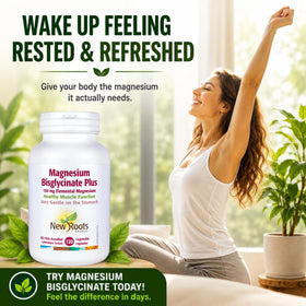 NEW ROOTS HERBAL Magnésium Bisglycinate Plus sur un fond neutre