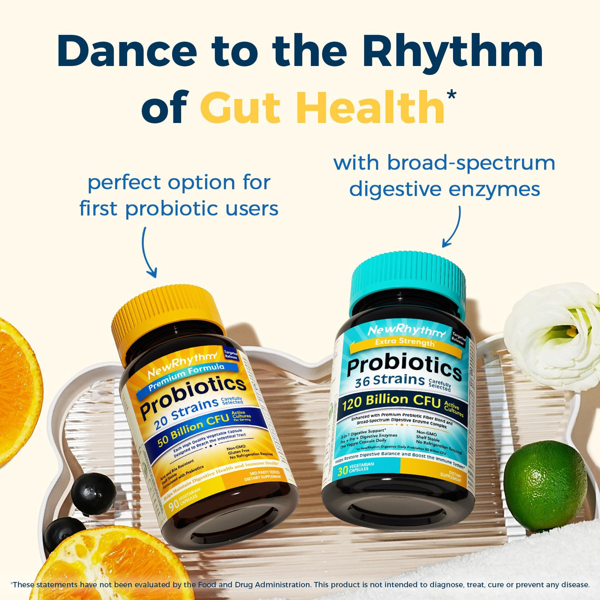 NewRhythm Probiotiques sur une table avec des ingrédients naturels