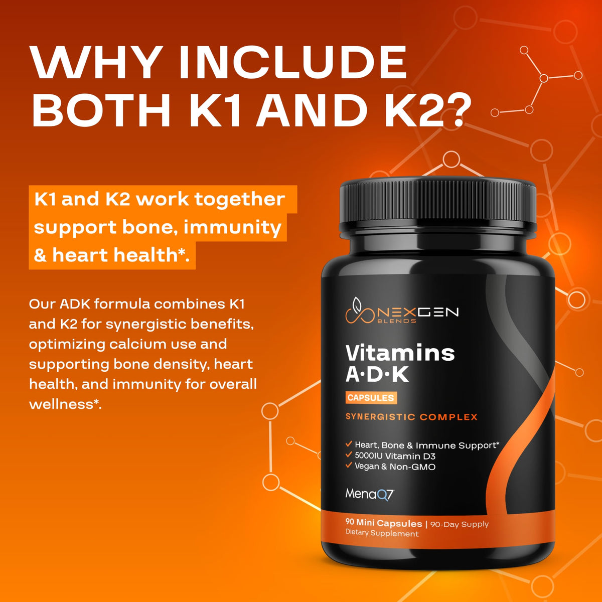 NEXGEN BLENDS Complément Alimentaire ADK Vegan 5000UI D3 K2 MK7 étiquette