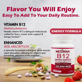 Nextdia B12 Methylcobalamine 10 000 mcg comprimés avec étiquette détaillant les ingrédients