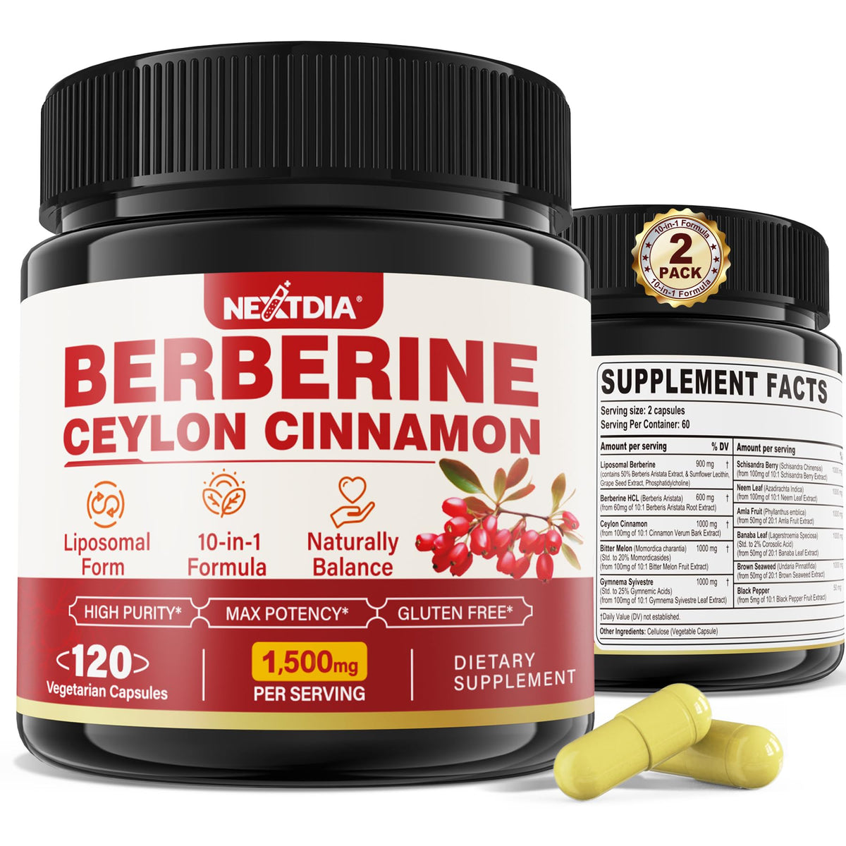 Nextdia Berbérine HCL 240 capsules vegan, vue avant du flacon