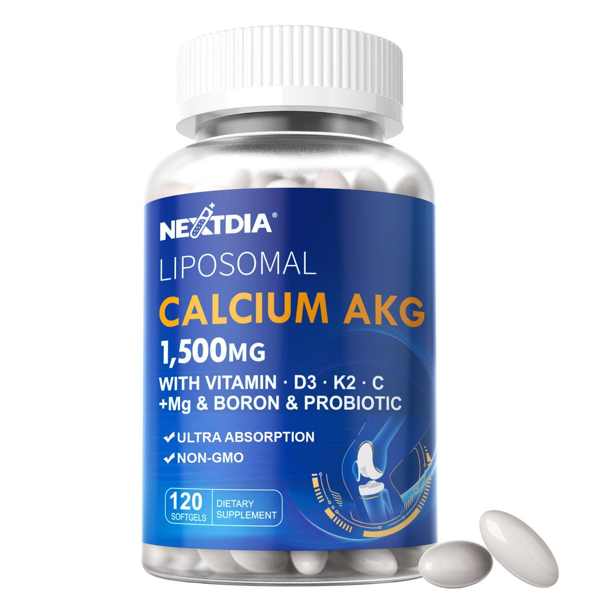 Nextdia Complément Alimentaire Calcium AKG 1500mg avec Vitamine D3 K2 - Flacon avant