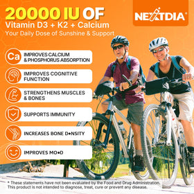 Nextdia D3 20 000 UI gélules de vitamine D3 et K2, packaging