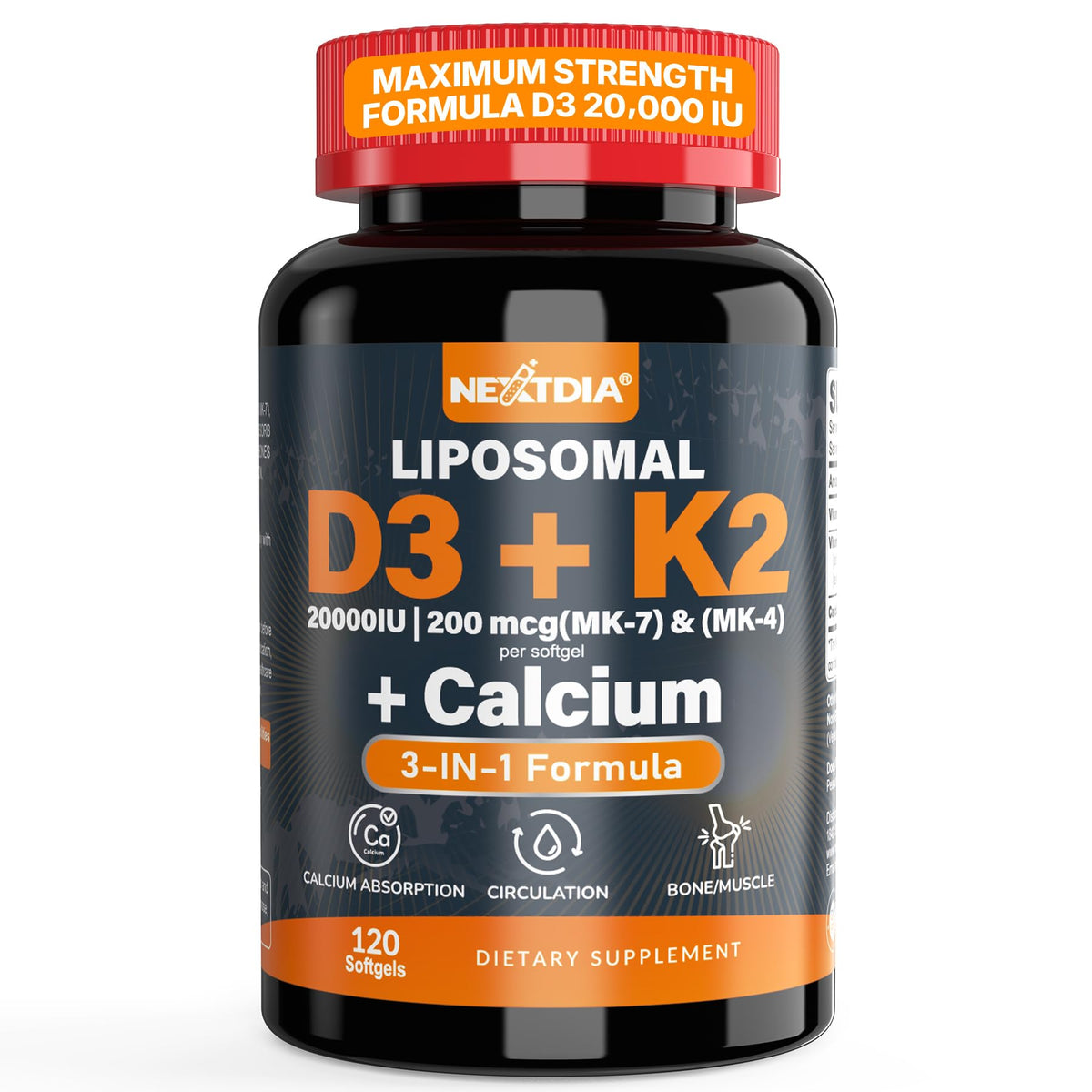 Nextdia D3 20 000 UI gélules de vitamine D3 et K2, vue de face
