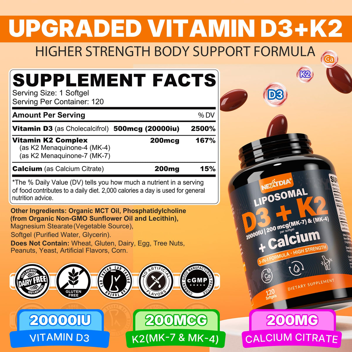 Nextdia D3 20 000 UI gélules de vitamine D3 et K2, vue latérale