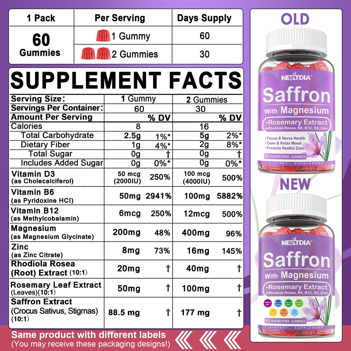 Nextdia Gélules de Safran avec Magnésium Glycinate 200g, côté de la boîte
