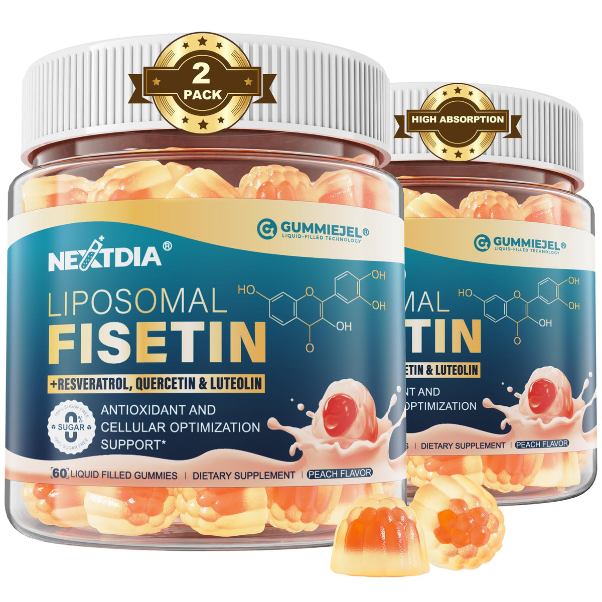 Nextdia gommes liquides Fisetin 200mg et Resveratrol 500mg, vue de face