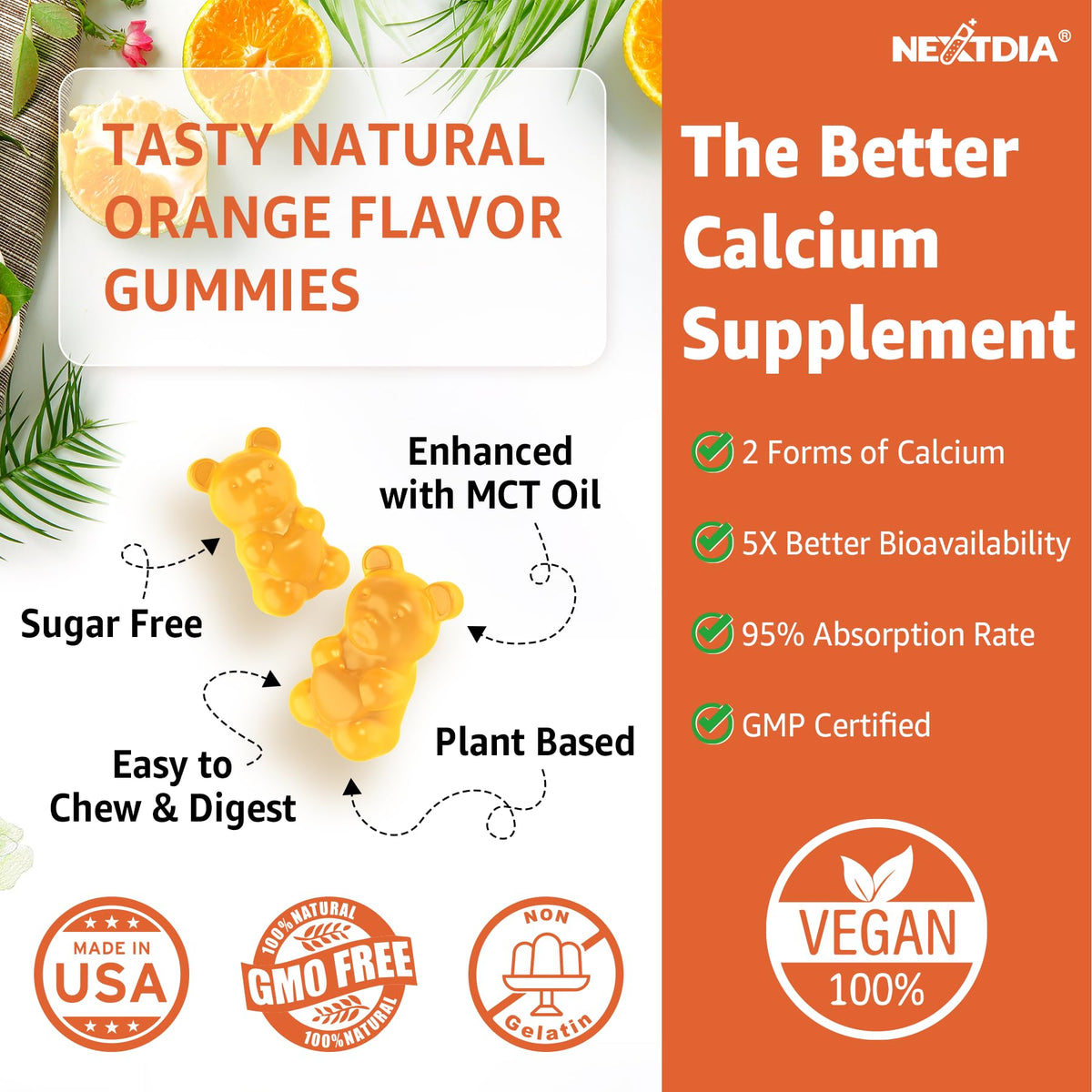 Nextdia Gummies Calcium 1200mg alongside fresh oranges