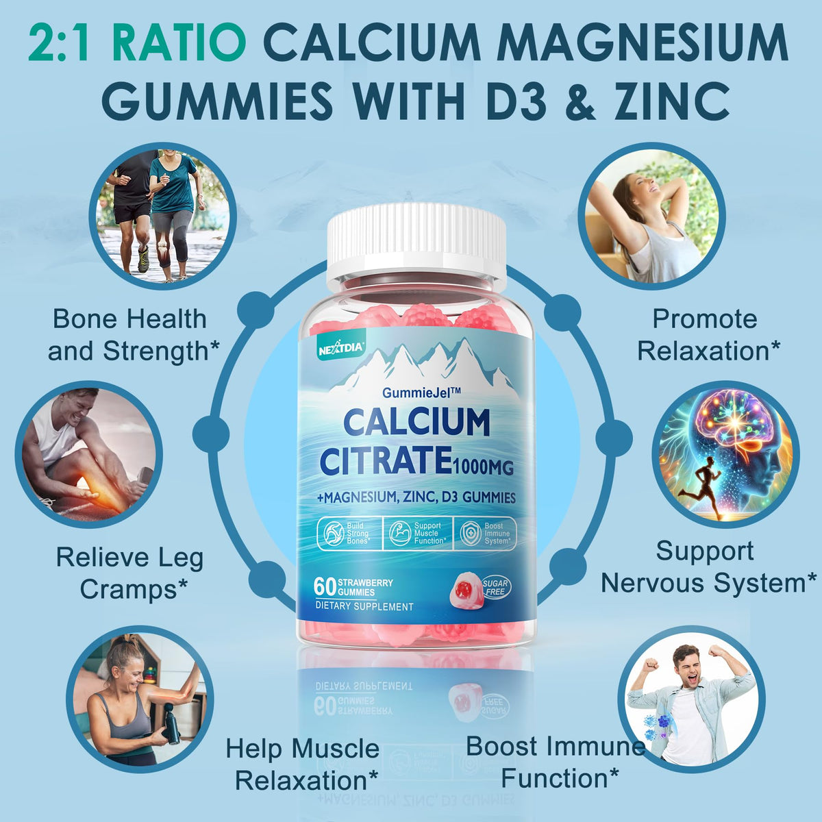 Nextdia Gummies Calcium Citrate 60Ct avec une main tenant un gummy