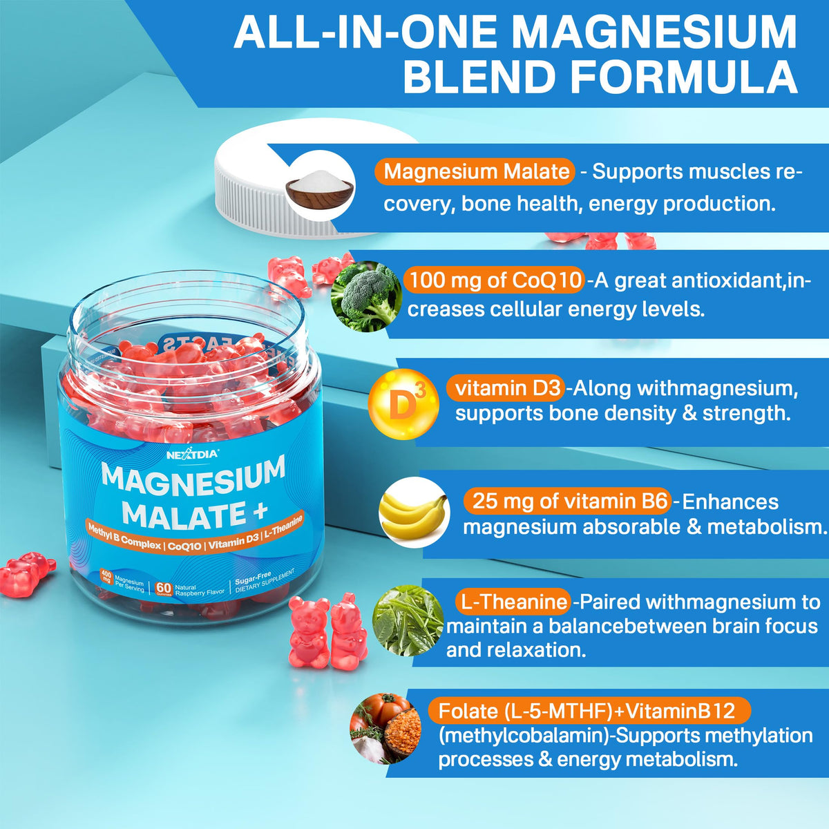 Nextdia Gummies de Magnésium Malate 400mg avec dosage