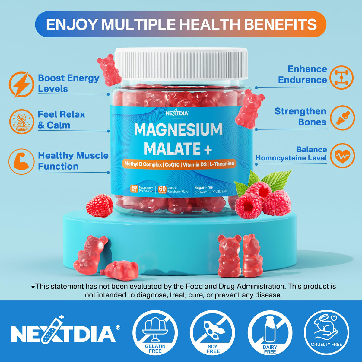 Nextdia Gummies de Magnésium Malate 400mg, gummies à la framboise