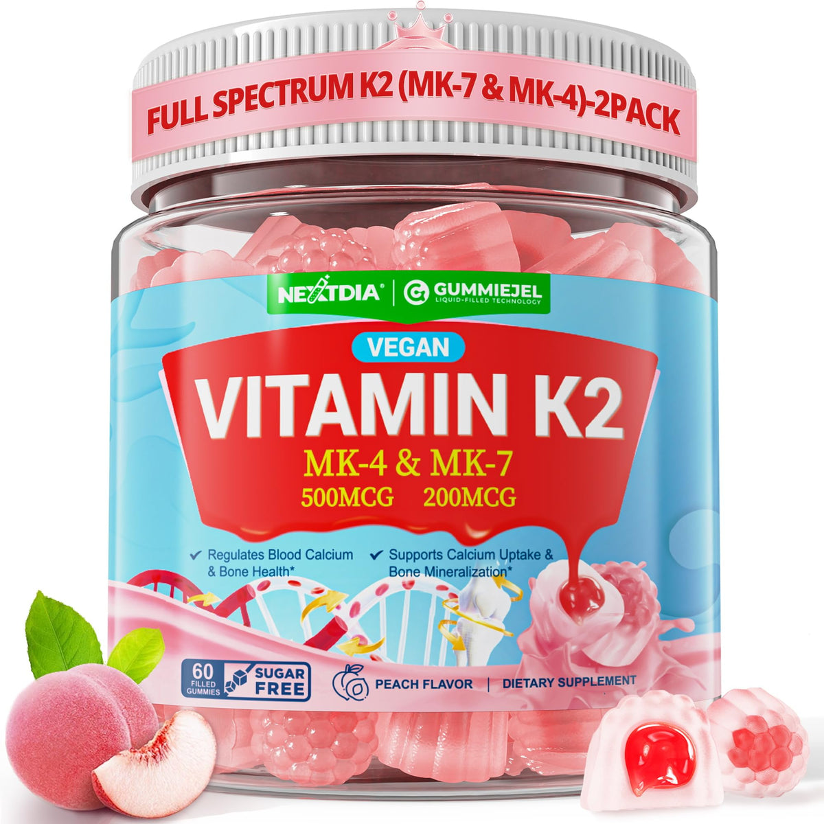 Nextdia gummies de vitamine K2 MK-7 et MK-4, vue de face