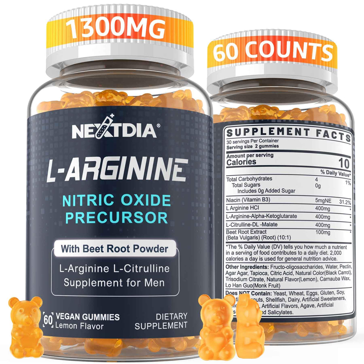 Nextdia Gummies L-Arginine 1300mg sans sucre, vue de face
