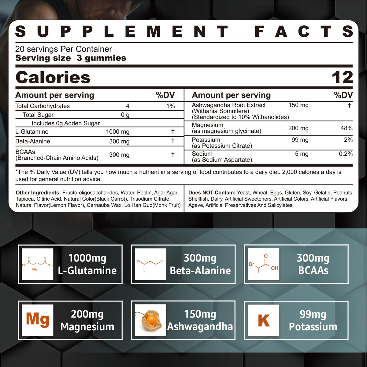Nextdia Gummies L-Glutamine 1000mg vue de dos avec informations nutritionnelles