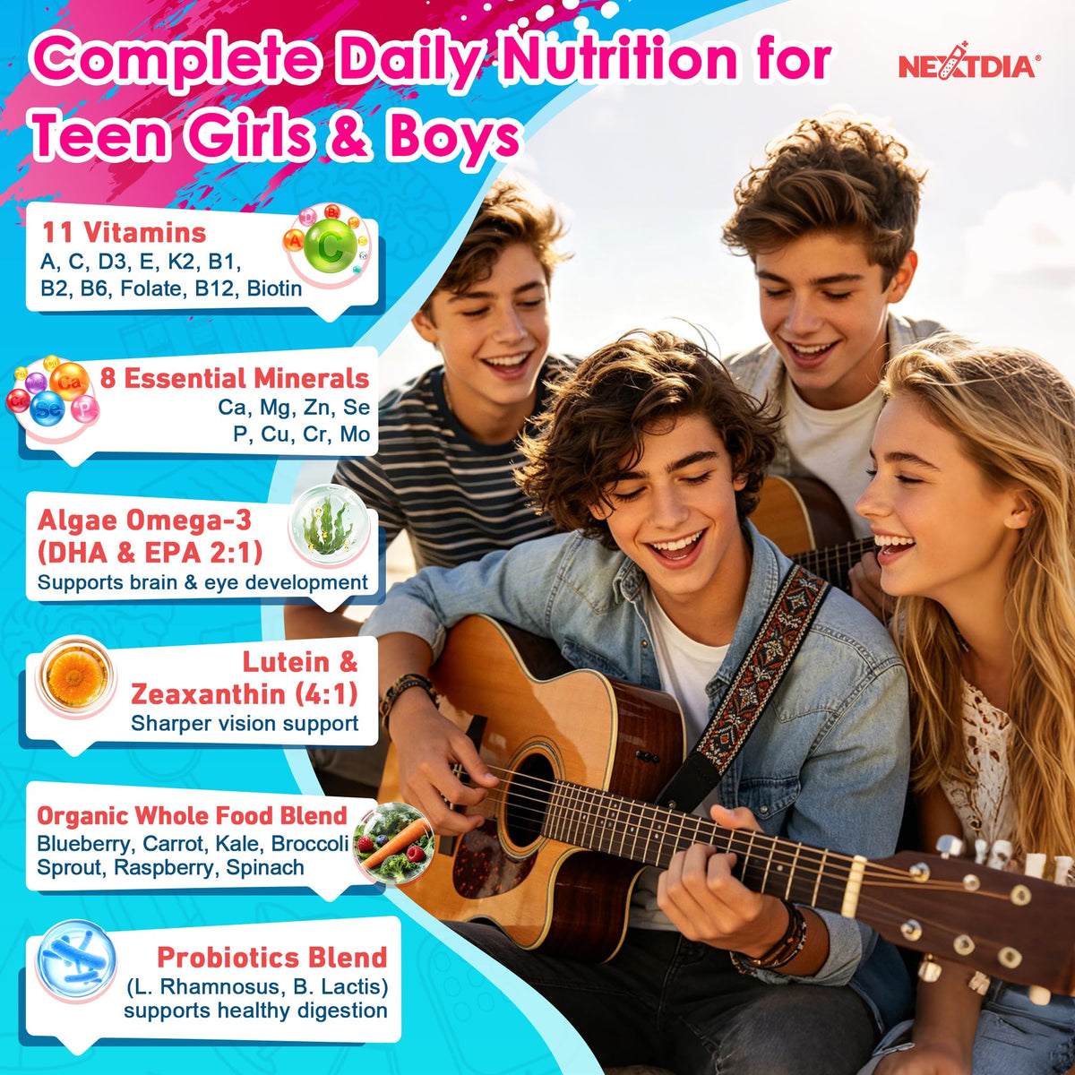 Nextdia Gummies Multivitamines Methylées Ados 455g côté avec ingrédients