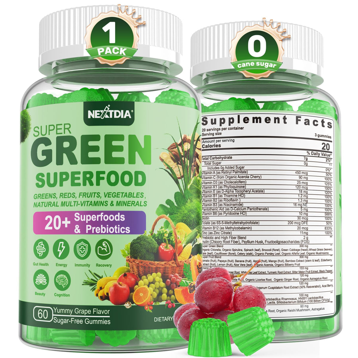 Nextdia Gummies Multivitamines Super Greens 222g vue de face