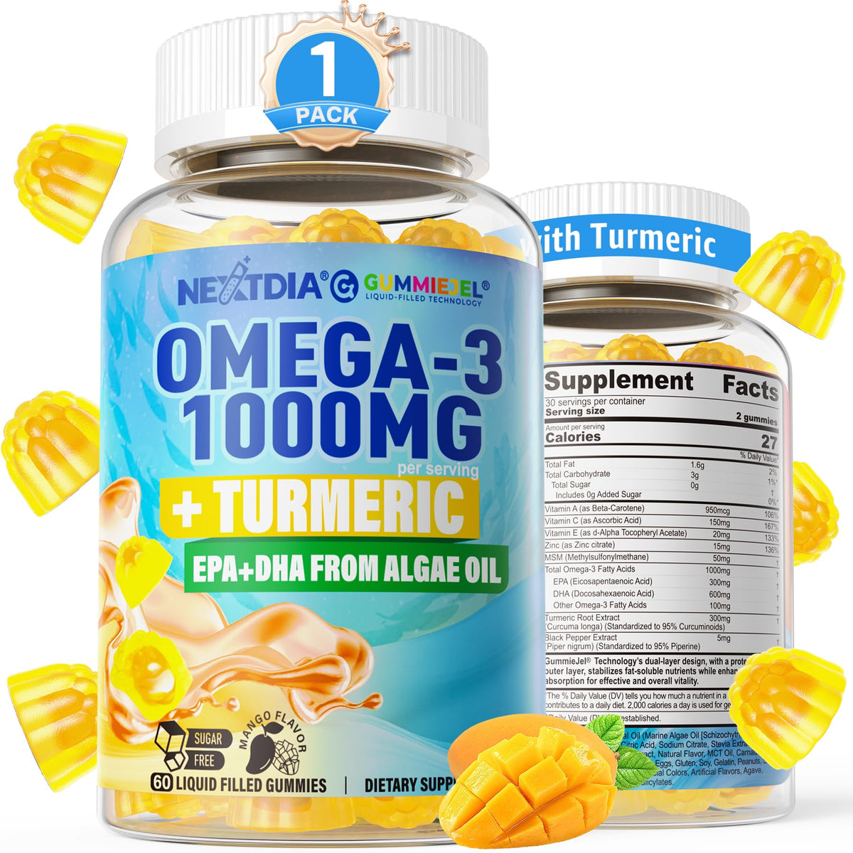Nextdia Gummies Omega-3 1000mg avec Curcuma, vue avant du produit