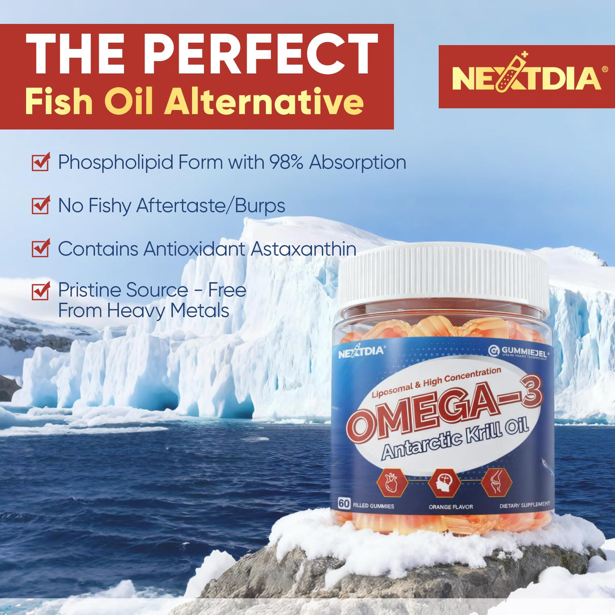 Nextdia Gummies Omega 3 Huile de Krill Liposomale 2000mg dans un bol