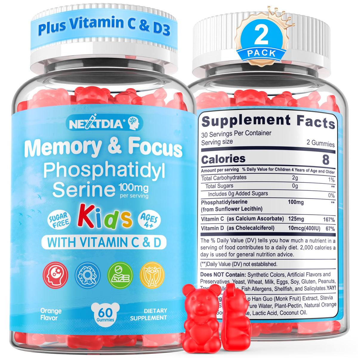 Nextdia gummies phosphatidylsérine 100mg pour enfants, emballage avant