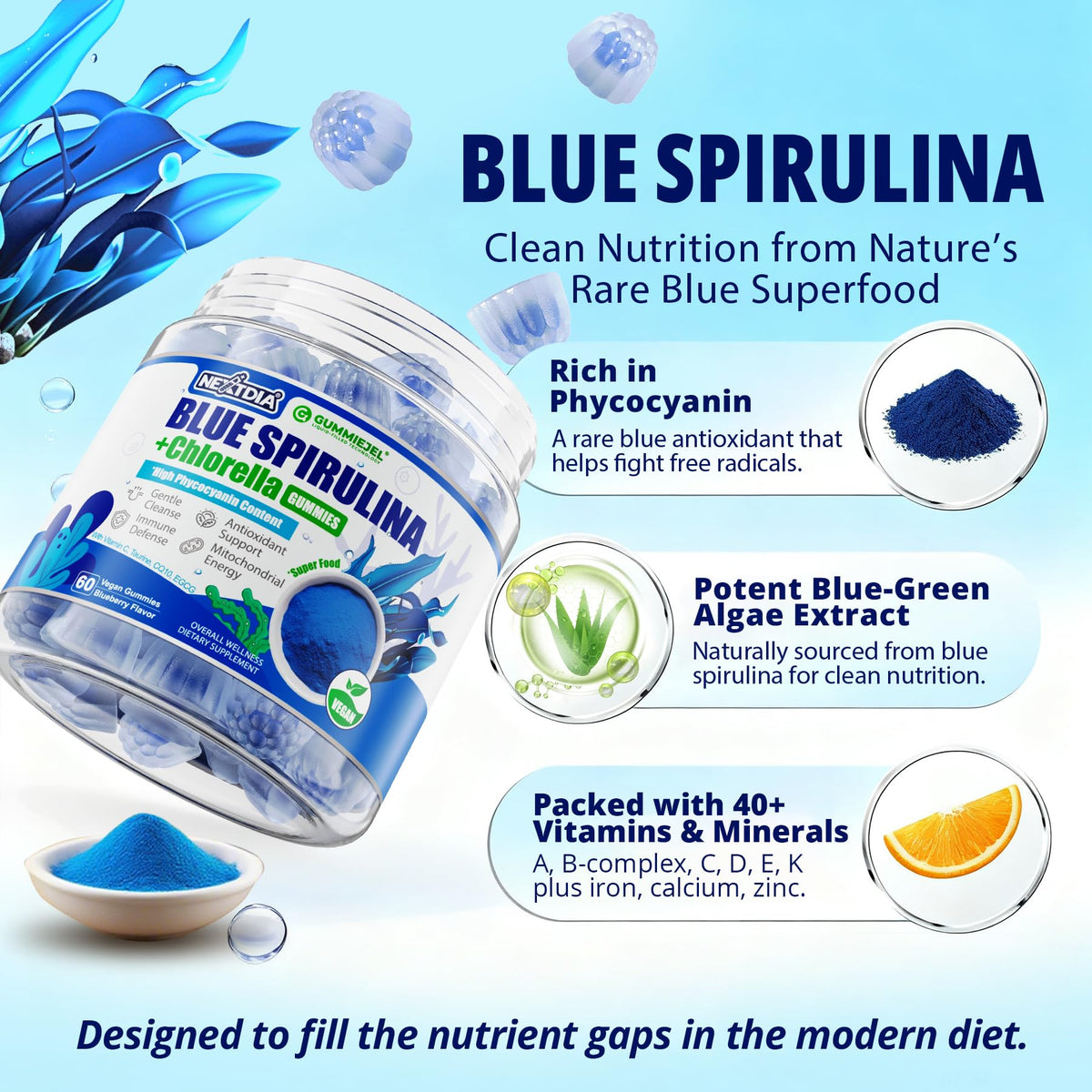 Nextdia Gummies Spiruline Bleue Bio Chlorella - gummies sur une cuillère