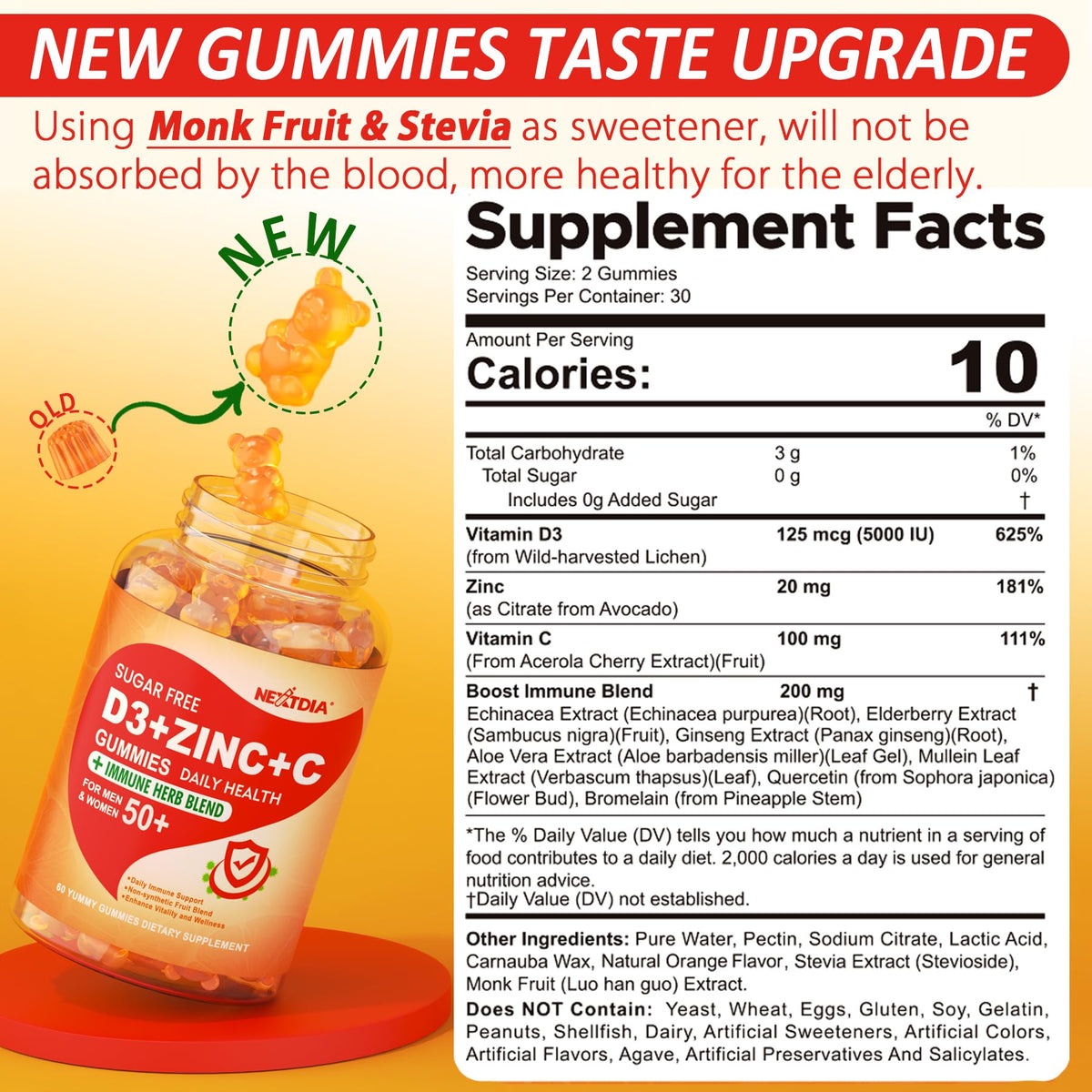 Nextdia Gummies Vitamine C D3 Zinc 50+ gummies en vue de près