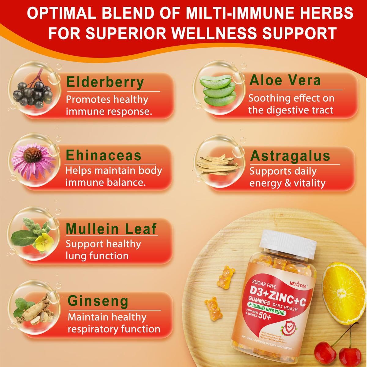 Nextdia Gummies Vitamine C D3 Zinc 50+ gummies sur une table